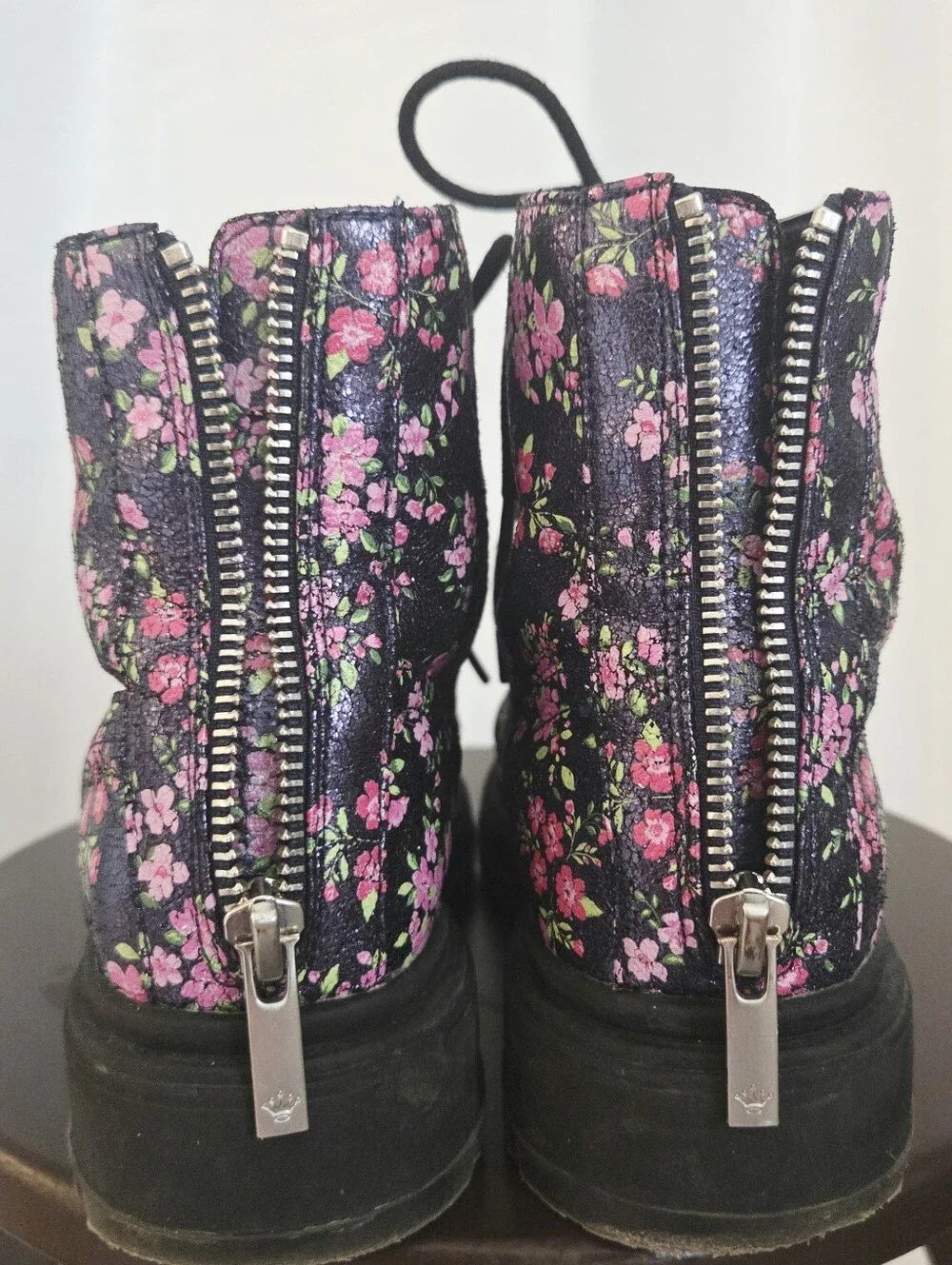 Nina Girls' Floral Lace-Up/Zip-Up Combat Boots - Black/Pink